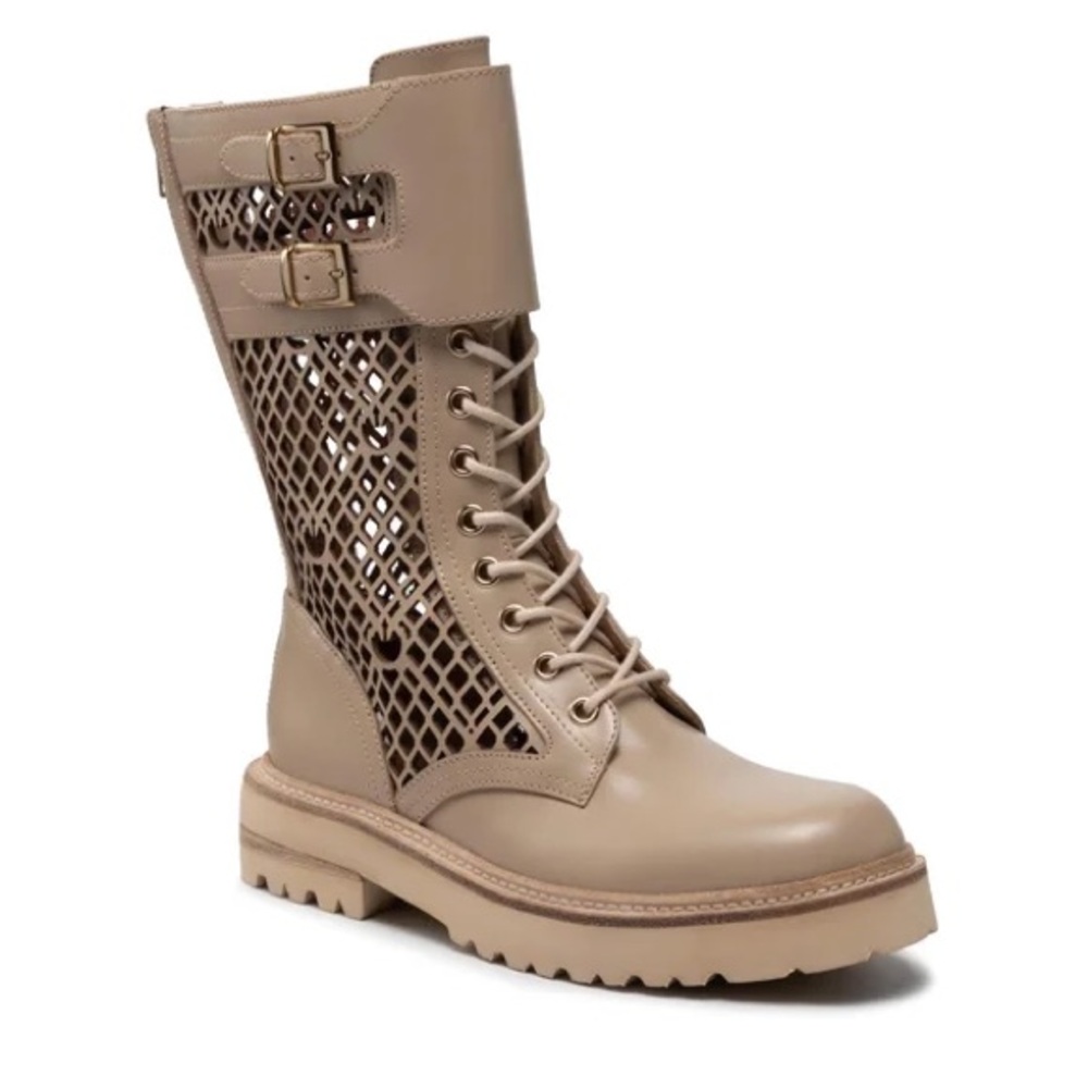 Pinko Beige Leather Combat Boots • Lug Sole • Lace-Up w/ Zipper - Picture 9 of 11